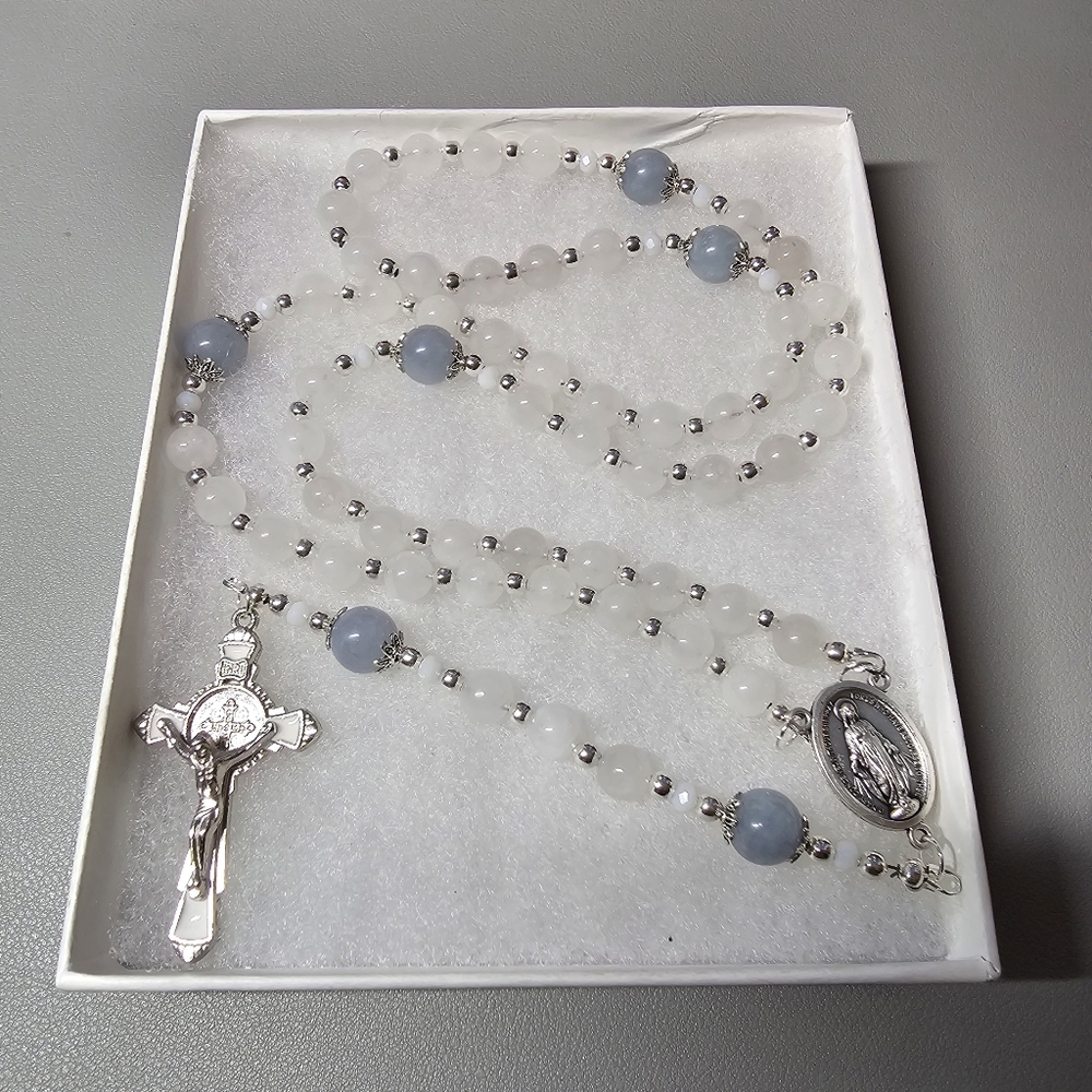Large One Of A Kind Hand Crafted Rosary Made With White Jade And Aquamarine